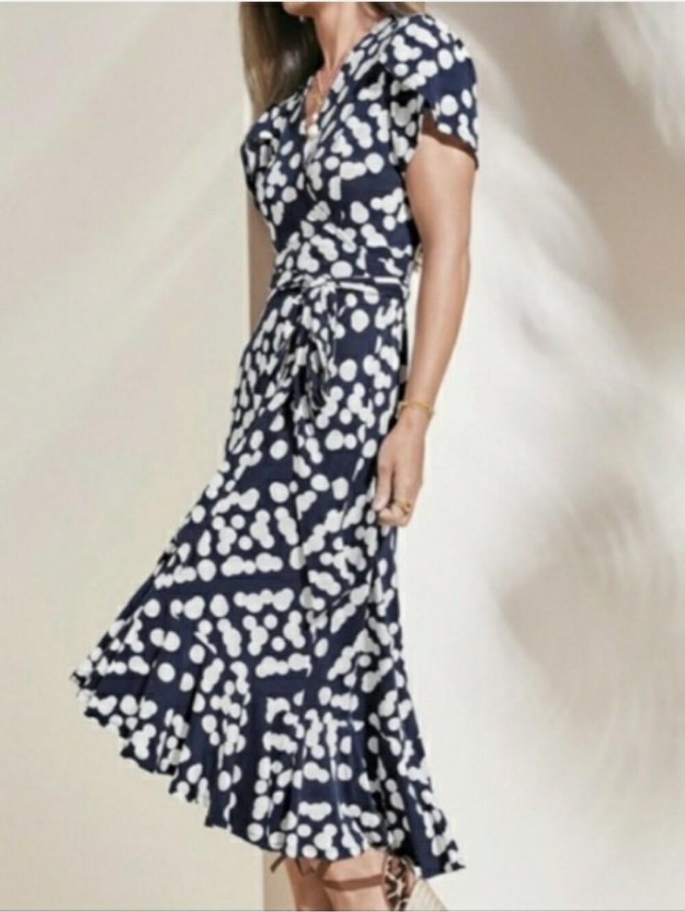 Cabi The Perfect Wrap Midi Dress Navy Blue White Polka Dot V-Neck Size Large